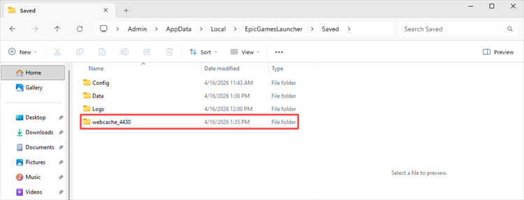 delete Epic Games Launcher WebCache folder