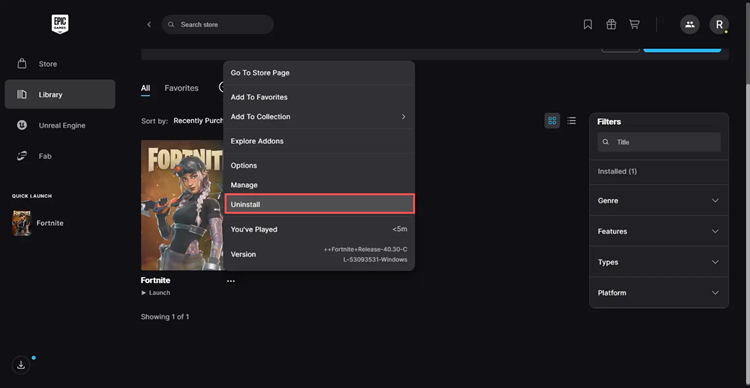Uninstall Fortnite from Epic Games Launcher