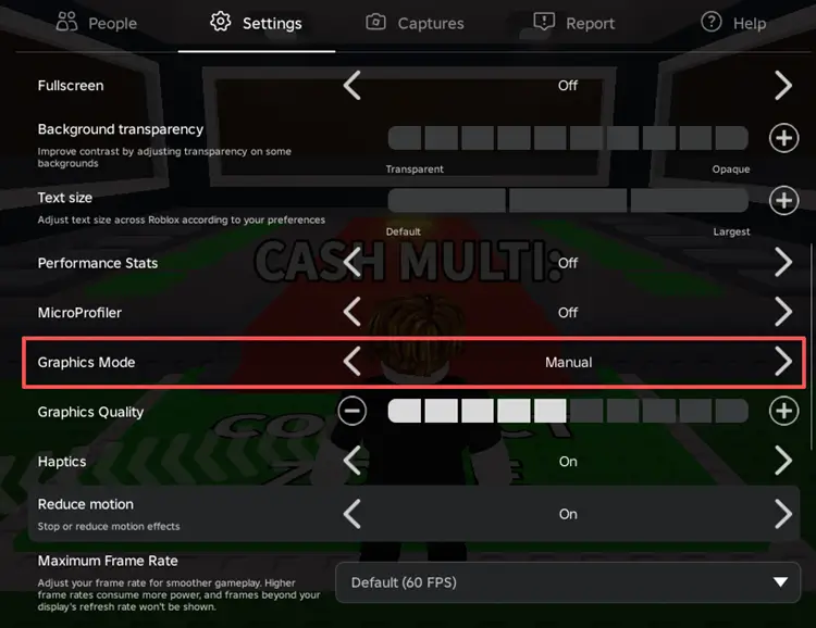 Adjust Roblox graphics settings to Manual