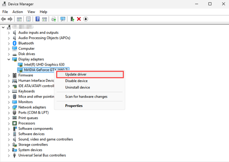 Update graphics driver in Device Manager