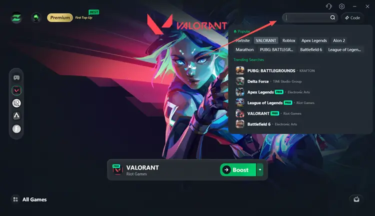 search VALORANT in LagZapper game booster