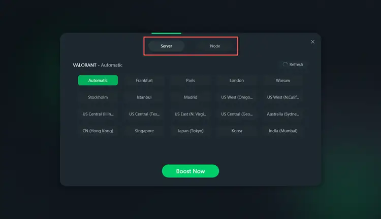 choose optimized VALORANT server node in LagZapper