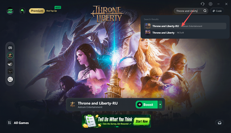 Search for Throne and Liberty RU in LagZapper