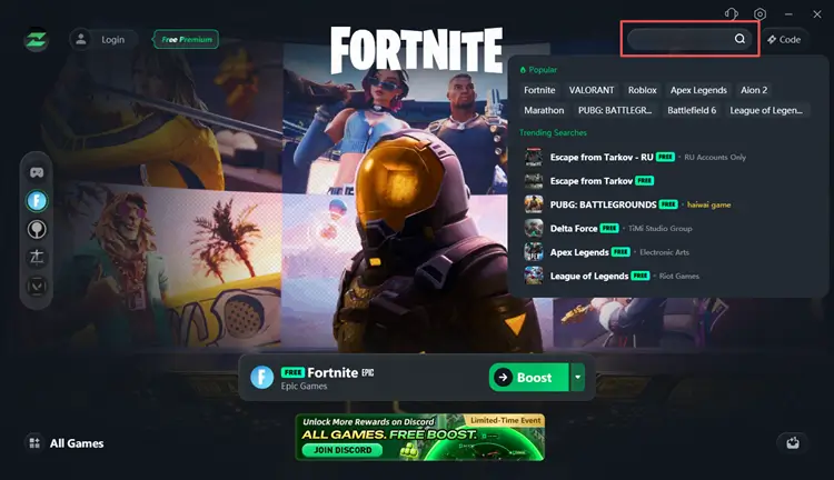 Search for Fortnite in LagZapper Game Booster