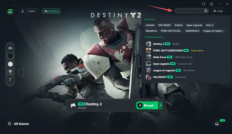 Search for Destiny 2 in LagZapper game booster