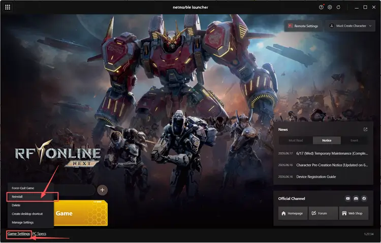 Reinstall rf online next