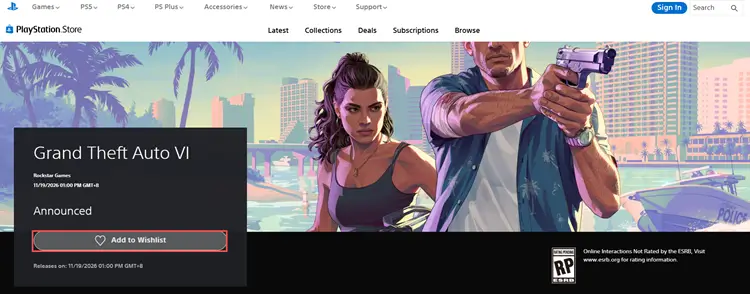Adding GTA 6 to the PlayStation Store wishlist on PS5