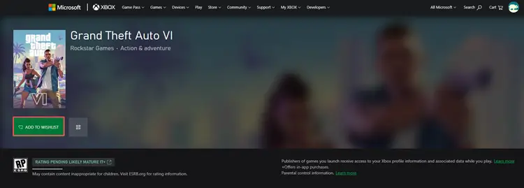 GTA 6 official listing on the Microsoft Store for Xbox Series X|S