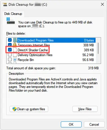 Очистка DirectX Shader Cache с помощью Windows Disk Cleanup