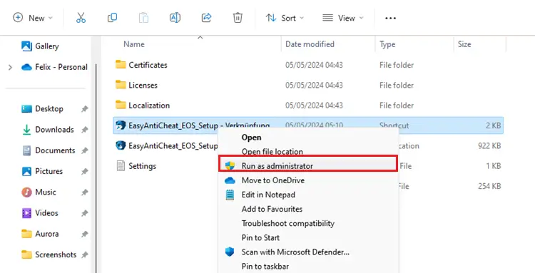 Запустите EasyAntiCheat_EOS_Setup.exe от имени администратора.