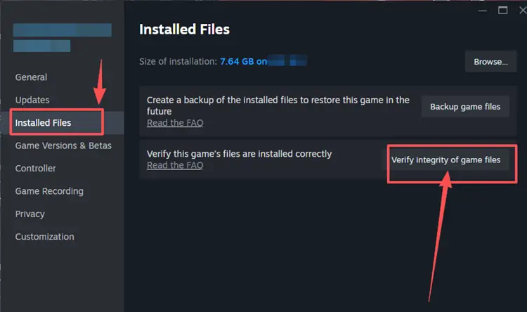 Verify integrity in Steam Installed Files settings