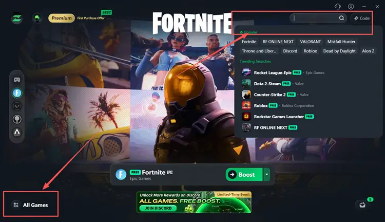 Поиск Fortnite в LagZapper для оптимизации подключения