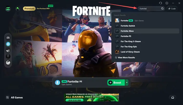 Найдите Fortnite в списке игр LagZapper.