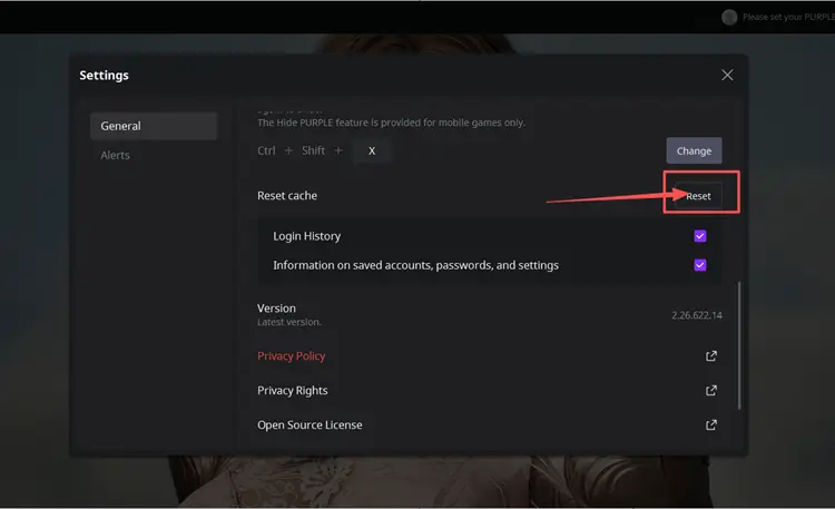 Click reset to reset cache