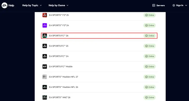 Check EA FC 26 server status on EA Help
