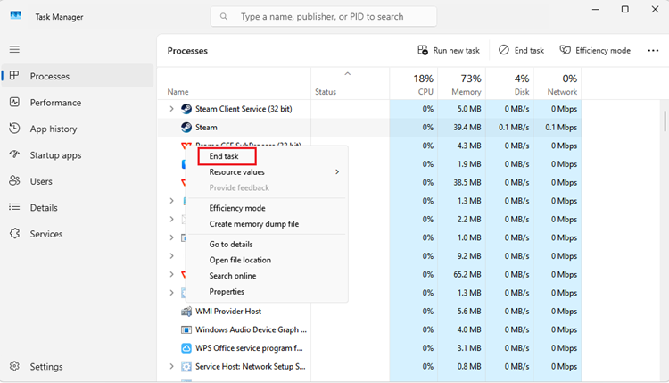 End unnecessary background apps in Task Manager