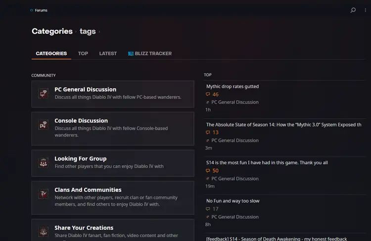 Screenshot of Diablo official forum