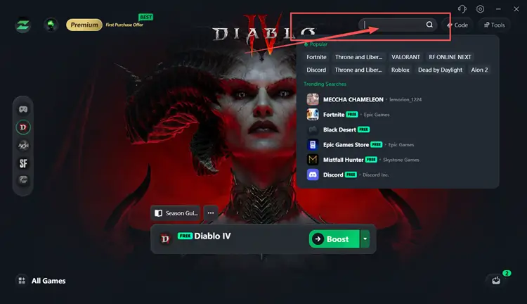Поиск Diablo 4 в LagZapper для оптимизации подключения