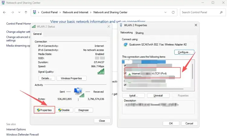 Open network properties and choose TCP/IPv4