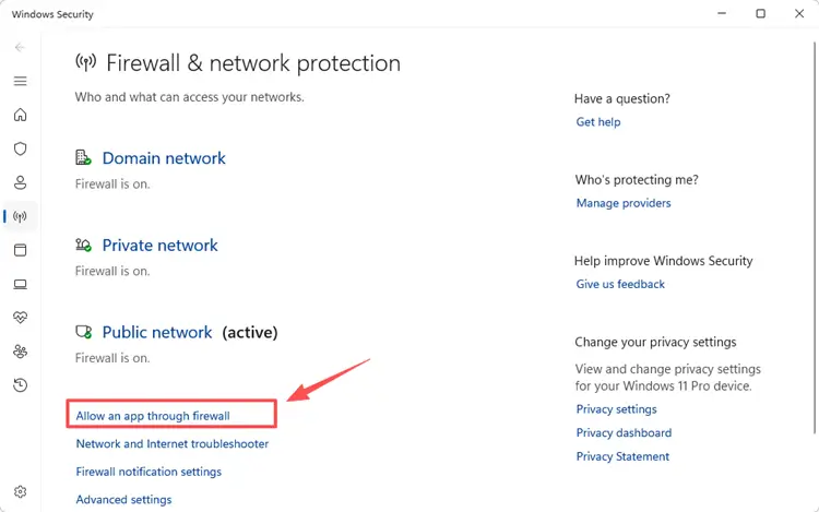 Open Firewall & network protection in Windows Security