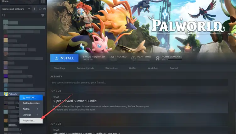 Open Palworld properties in Steam Library