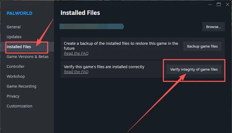 Verify integrity of Palworld game files on Steam