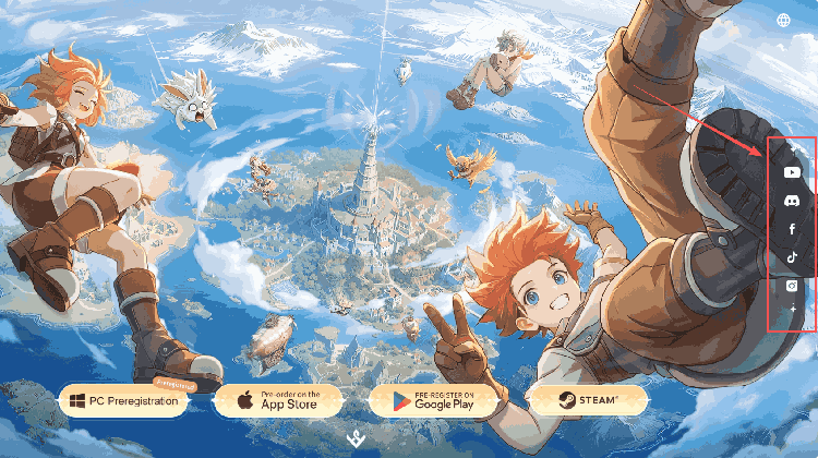 Click on the social media icons on the right side of the main page to follow the game's official social media accounts