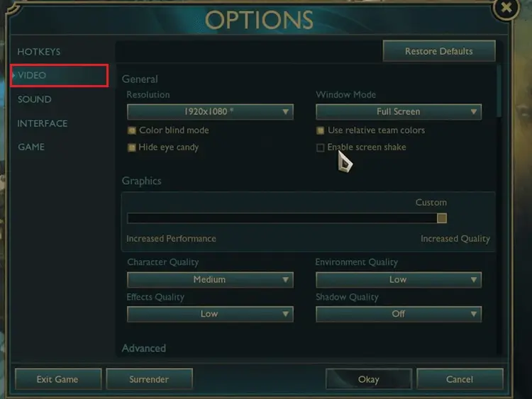 League of Legends video settings menu