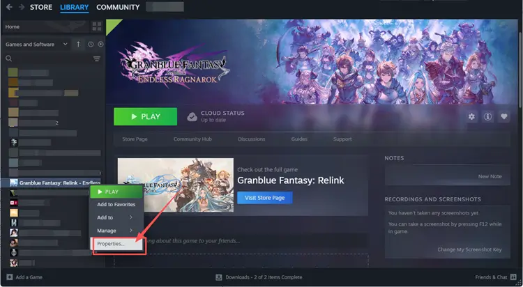 Open Granblue Fantasy Relink properties in Steam Library