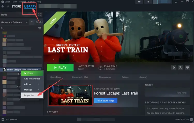 Open Forest Escape Last Train properties in Steam Library