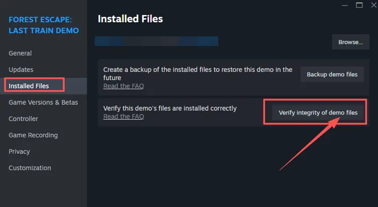 Verify integrity of Forest Escape Last Train game files on Steam