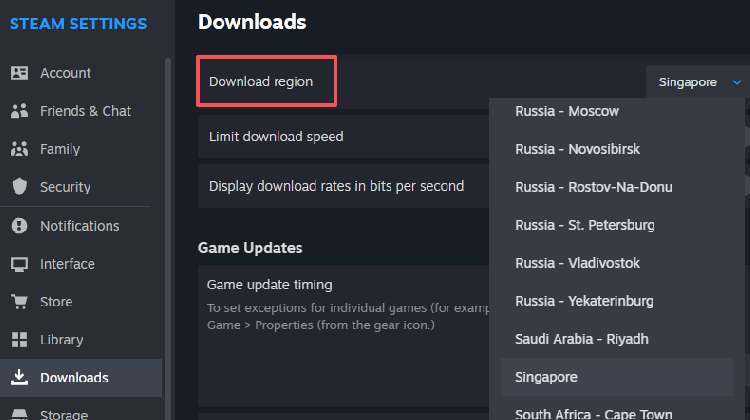 Locate the “Download region” dropdown menu