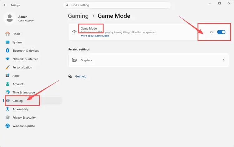 Open game mode in settings