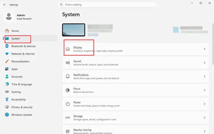 Click system and display in settings
