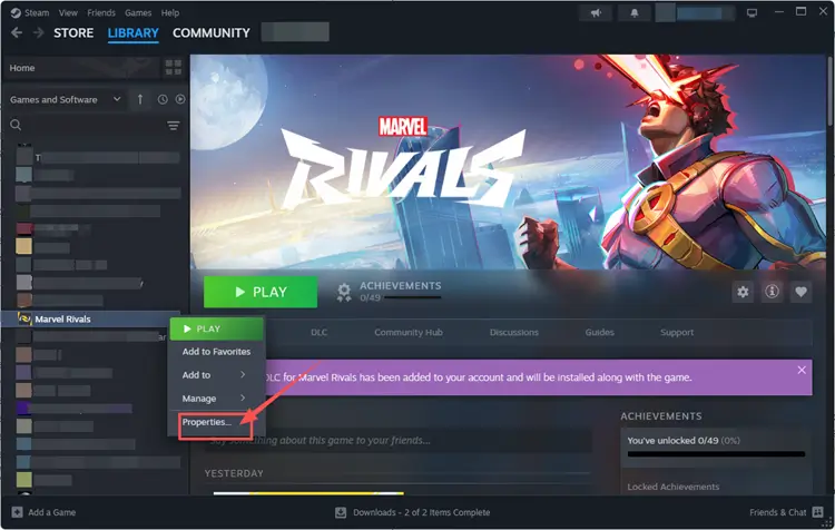 Open Marvel Rivals properties in Steam Library