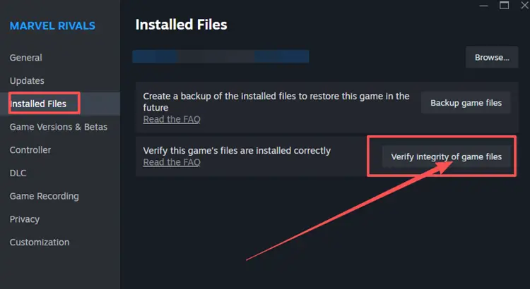 Verify integrity of Marvel Rivals game files on Steam