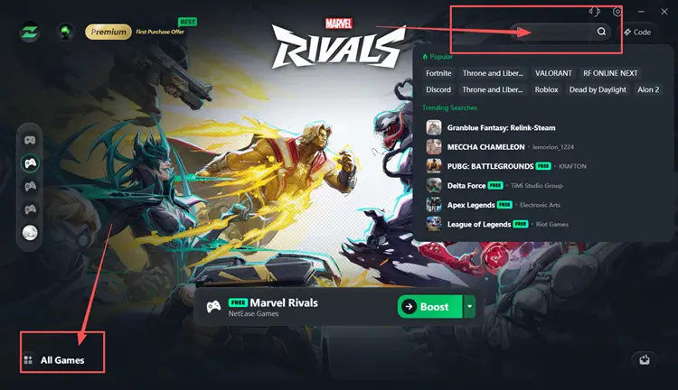 Search for Marvel Rivals in LagZapper to optimize connection