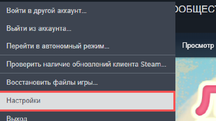 Откройте клиент Steam → нажмите «Steam» в левом верхнем углу → выберите «Настройки»
