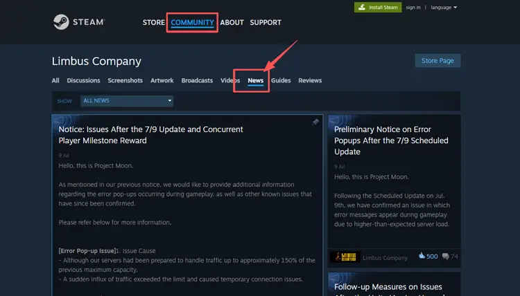 Screenshot of limbus steam community page