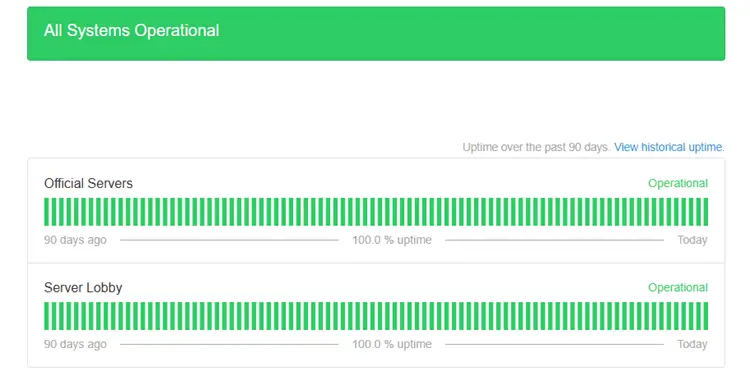 Palworld official server status page showing all systems operational