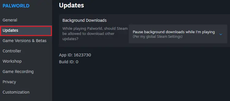 Update Palworld to the latest version via Steam properties