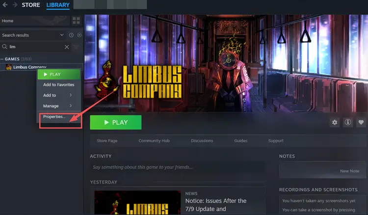 Open Limbus Company properties in Steam Library