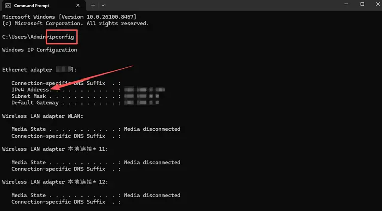 Find the server PC IPv4 address using Command Prompt