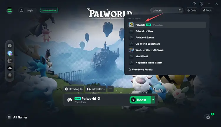 Search for Palworld in LagZapper