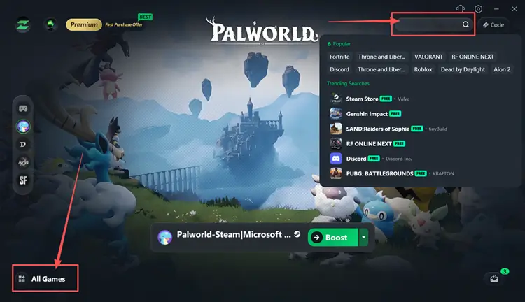 Search for Palworld in LagZapper