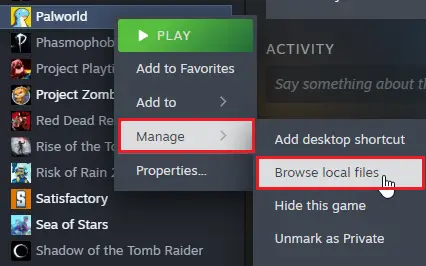 Open the Palworld installation folder through Steam