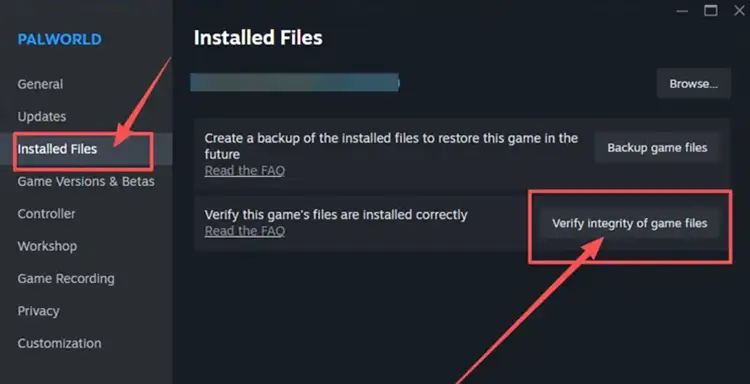 Verify the integrity of Palworld game files on Steam