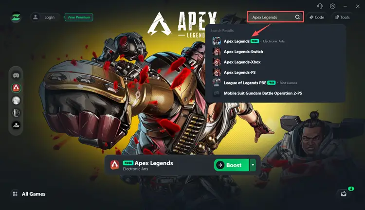 Select Apex Legends in LagZapper game booster