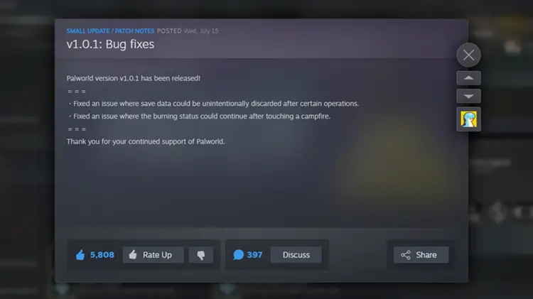 Screenshot of patch notes for known bugs