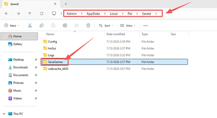 Open the Palworld save file folder